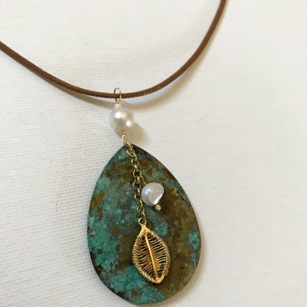 Lure Necklace with Freshwater White Pearls Golden Leaf Boho Sea Ocean Beach